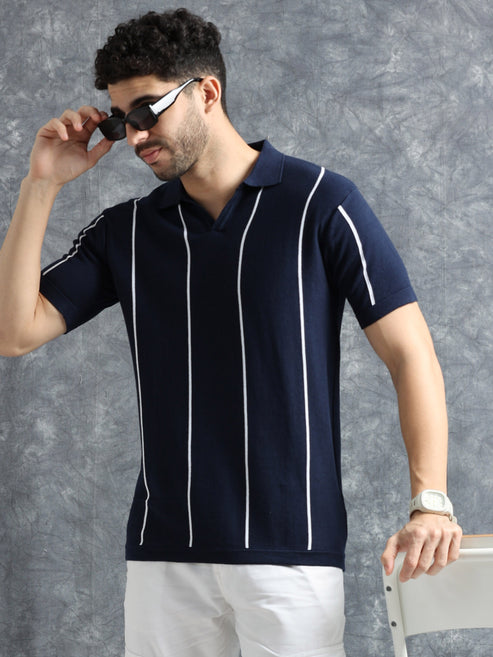Classic Striped Polo Tee - Navy