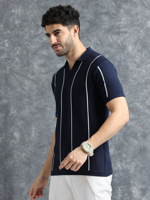 Classic Striped Polo Tee - Navy