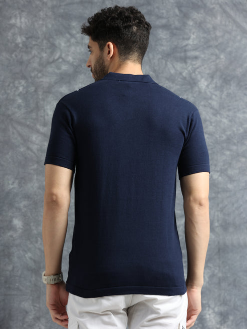 Classic Striped Polo Tee - Navy