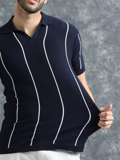 Classic Striped Polo Tee - Navy