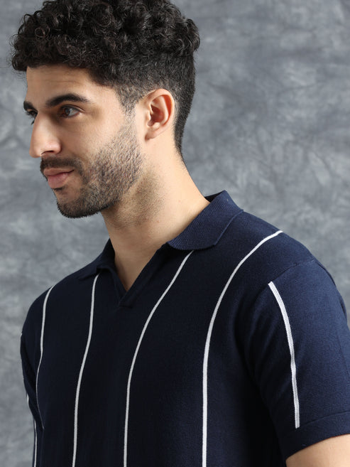 Classic Striped Polo Tee - Navy
