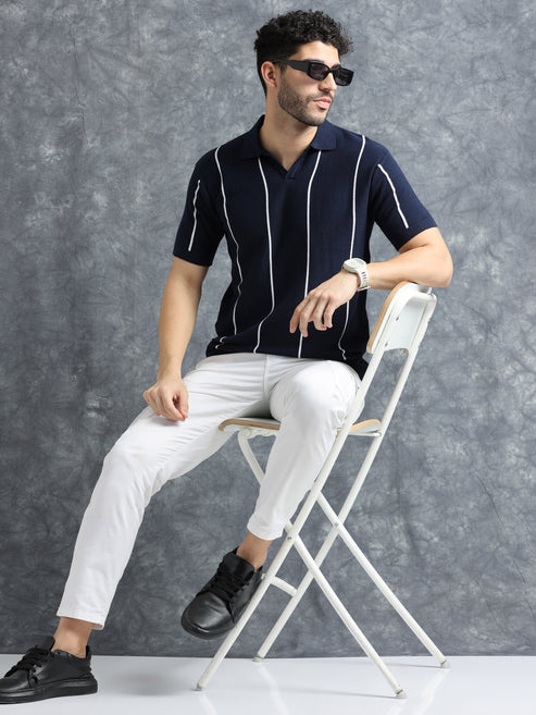 Classic Striped Polo Tee - Navy