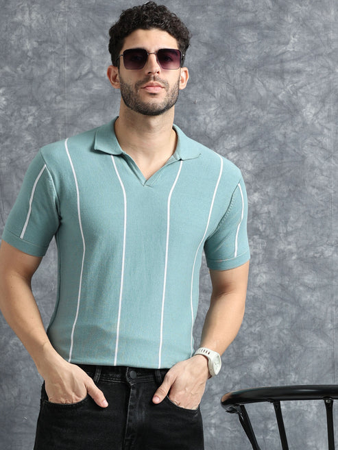 Classic Striped Polo Tee - Skyblue