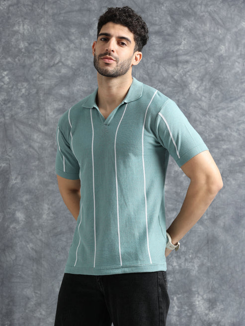 Classic Striped Polo Tee - Skyblue