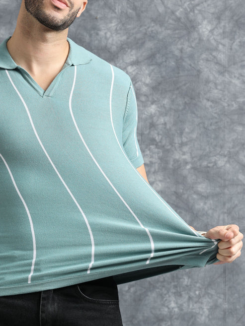 Classic Striped Polo Tee - Skyblue