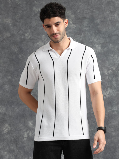 Classic Striped Polo Tee - White