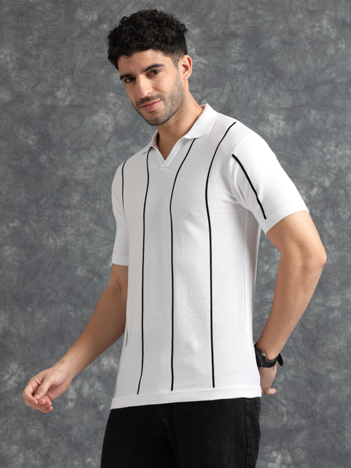 Classic Striped Polo Tee - White
