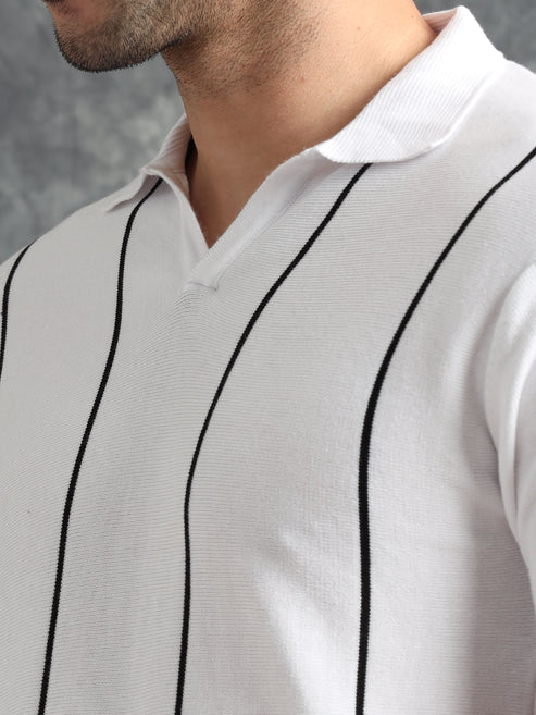 Classic Striped Polo Tee - White