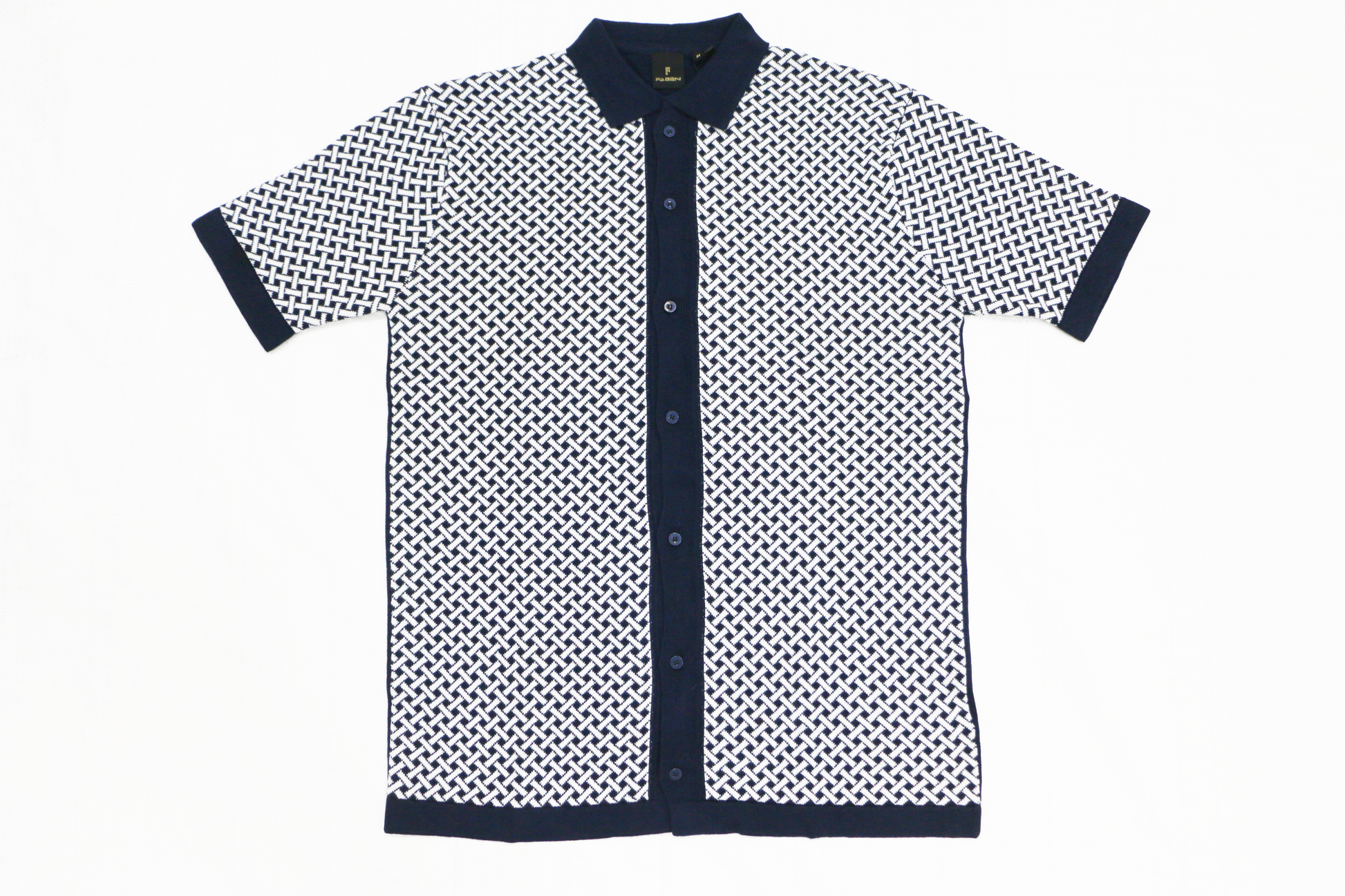 Men’s Navy Knit Polo with Geometric Weave Design