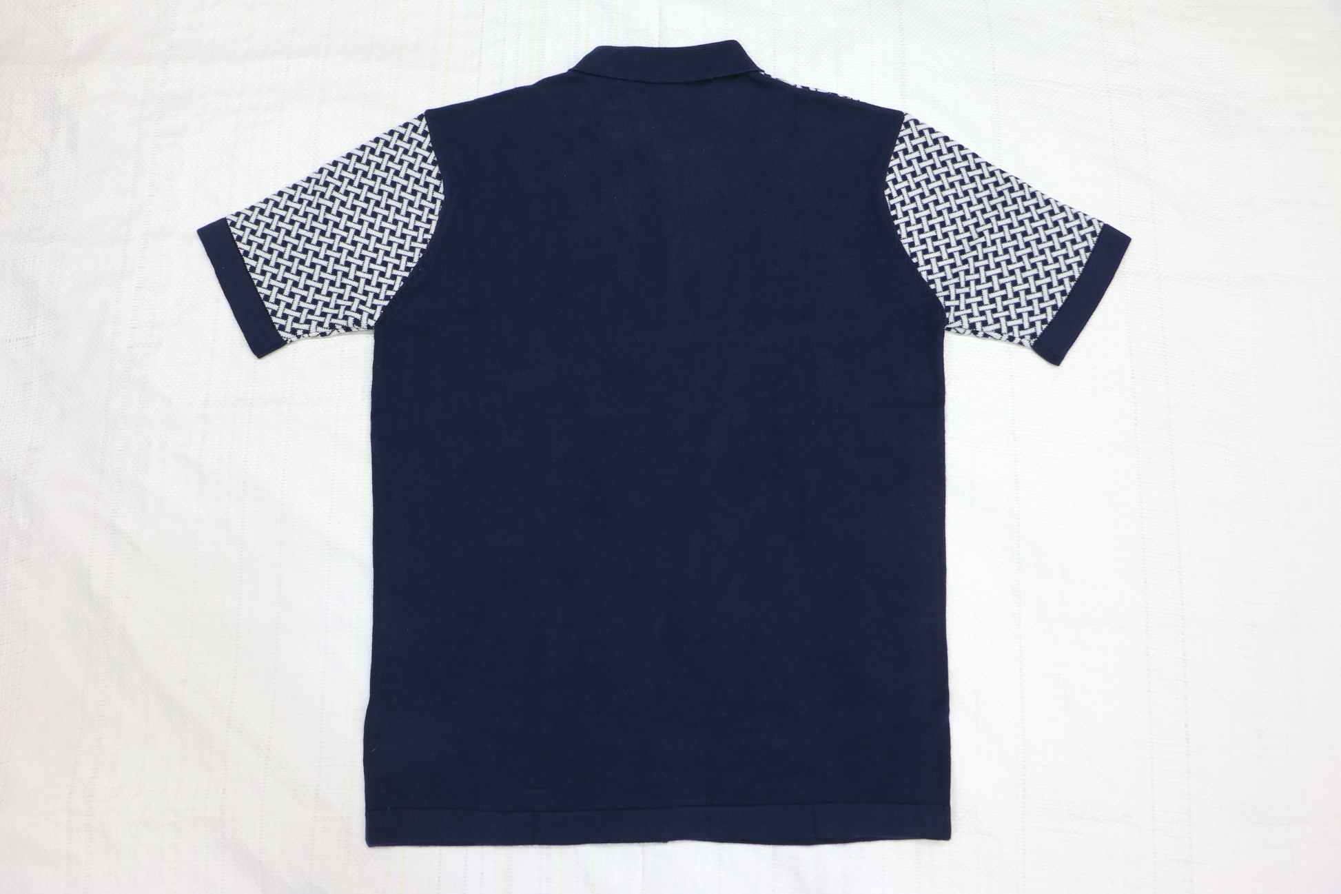 Men’s Navy Knit Polo with Geometric Weave Design