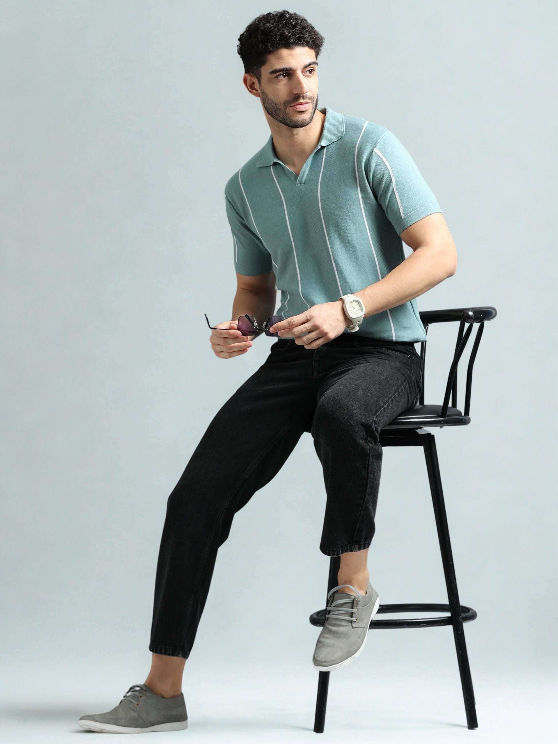 Classic Striped Polo Tee - Skyblue