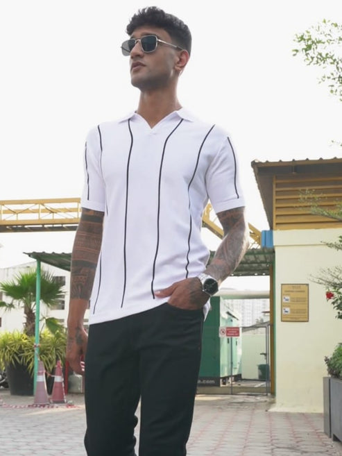 Classic Striped Polo Tee - White