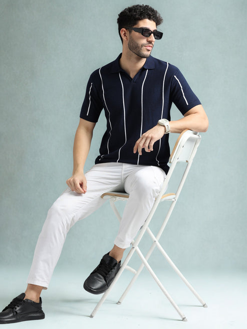 Classic Striped Polo Tee - Navy