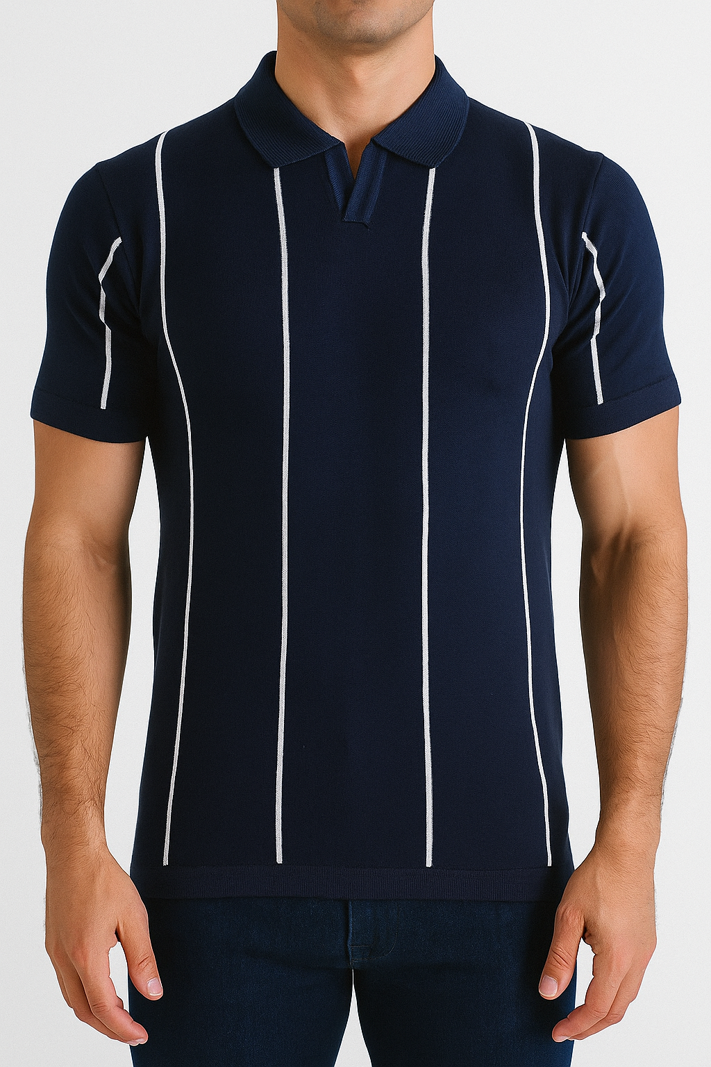 Men’s Navy Polo Shirt with Vertical White Stripes