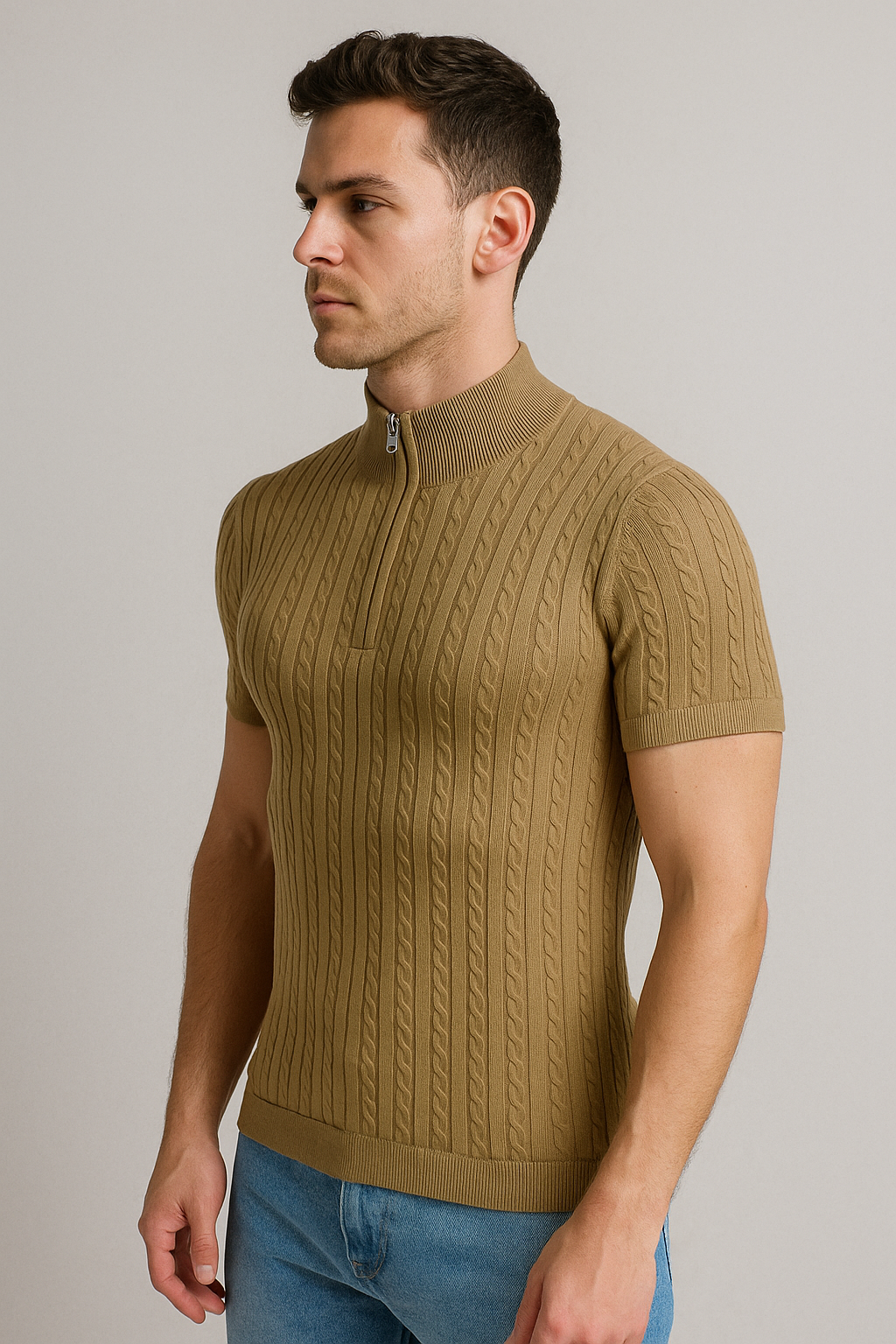 Men’s Camel Beige Cable Knit Half-Zip T-Shirt