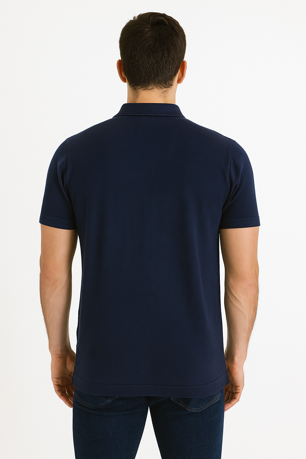 Men’s Navy Polo Shirt with Vertical White Stripes