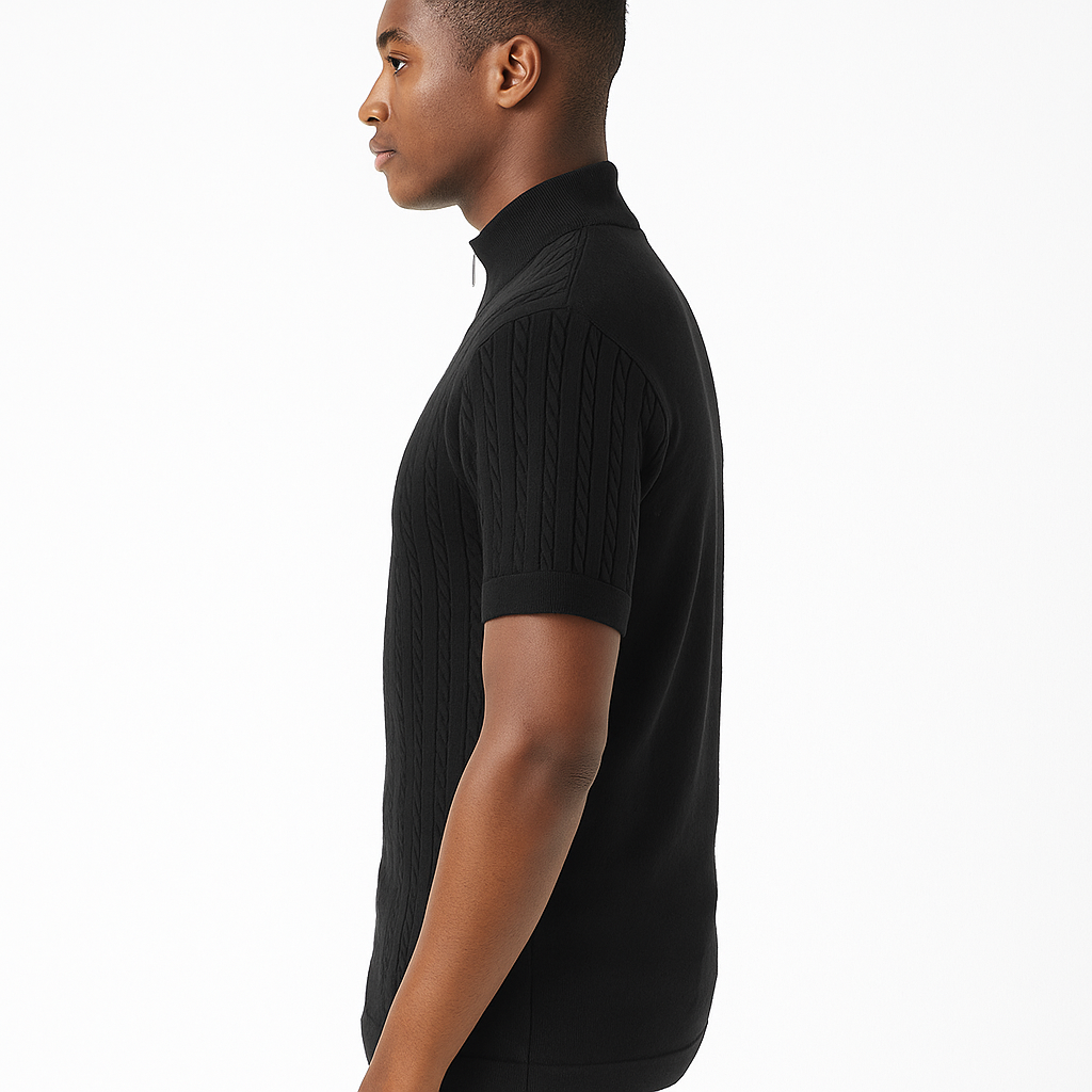 Men’s Black Cable Knit Zip-Neck T-Shirt
