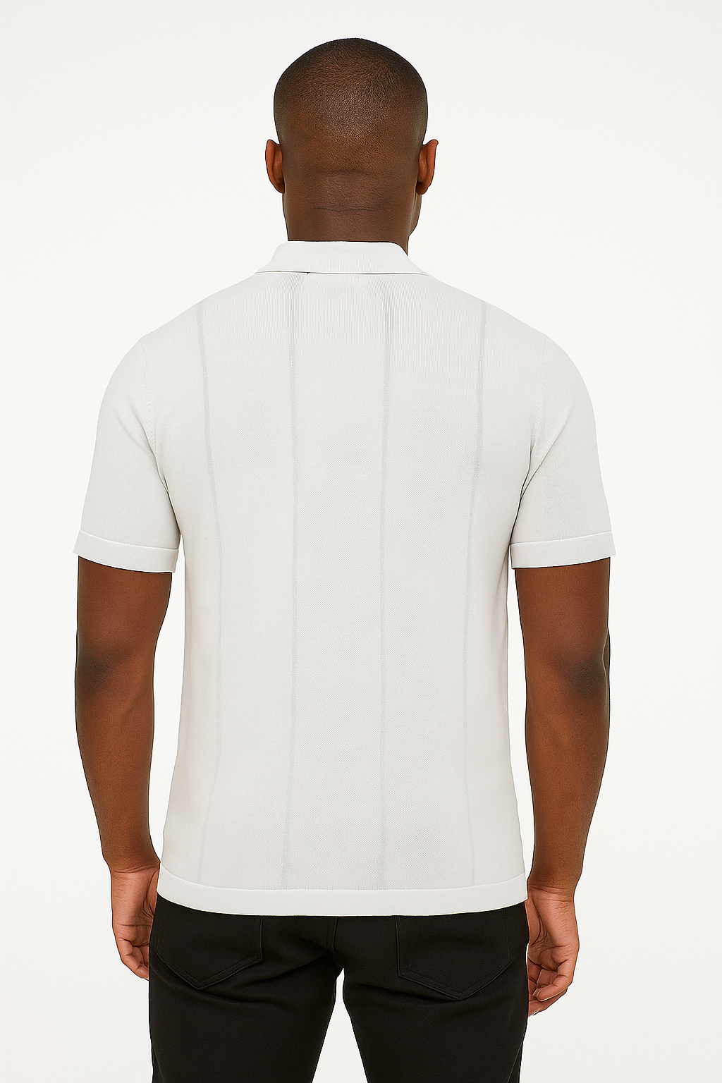 Men's White Polo Shirt with Black Vertical Stripes