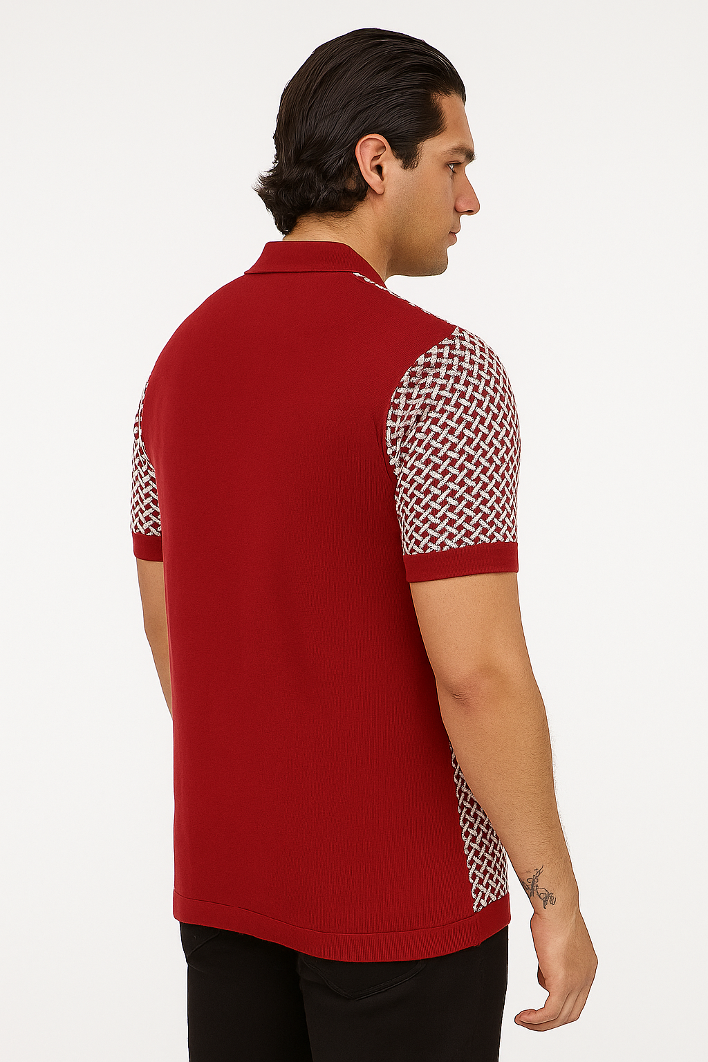 Men's Maroon Knit Polo with Geometric Pattern