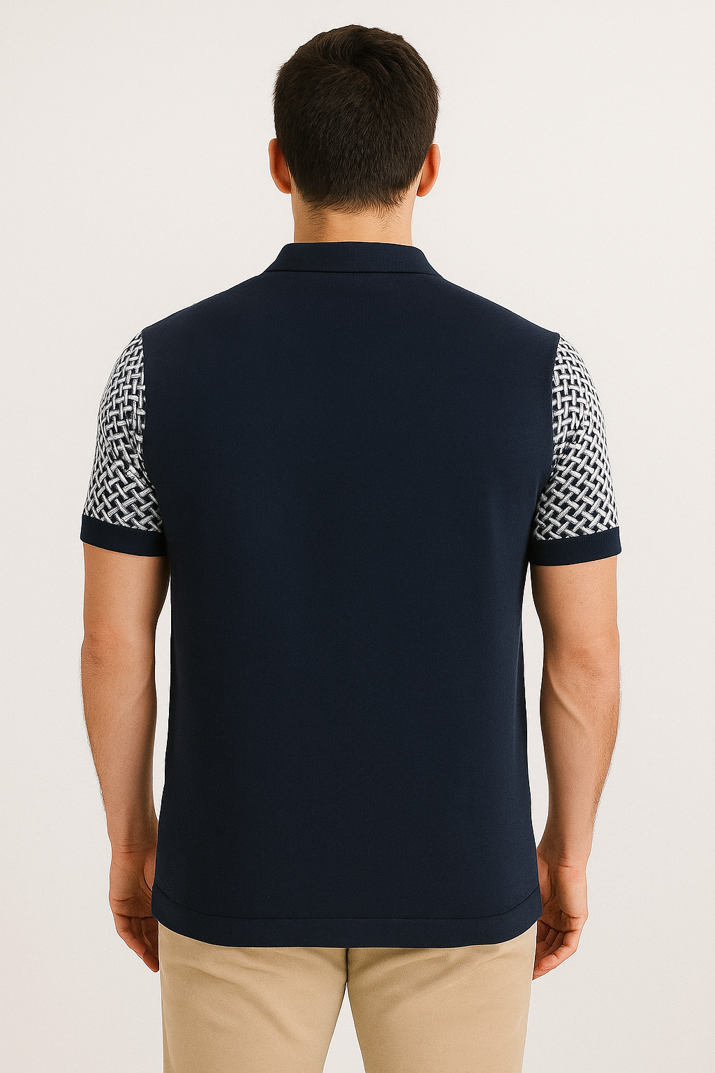 Men’s Navy Knit Polo with Geometric Weave Design