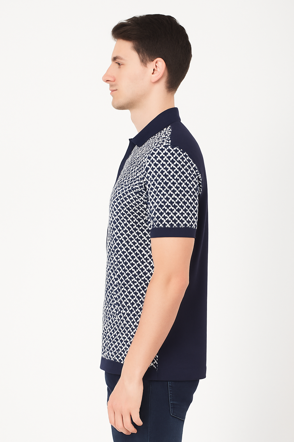 Men’s Navy Knit Polo with Geometric Weave Design