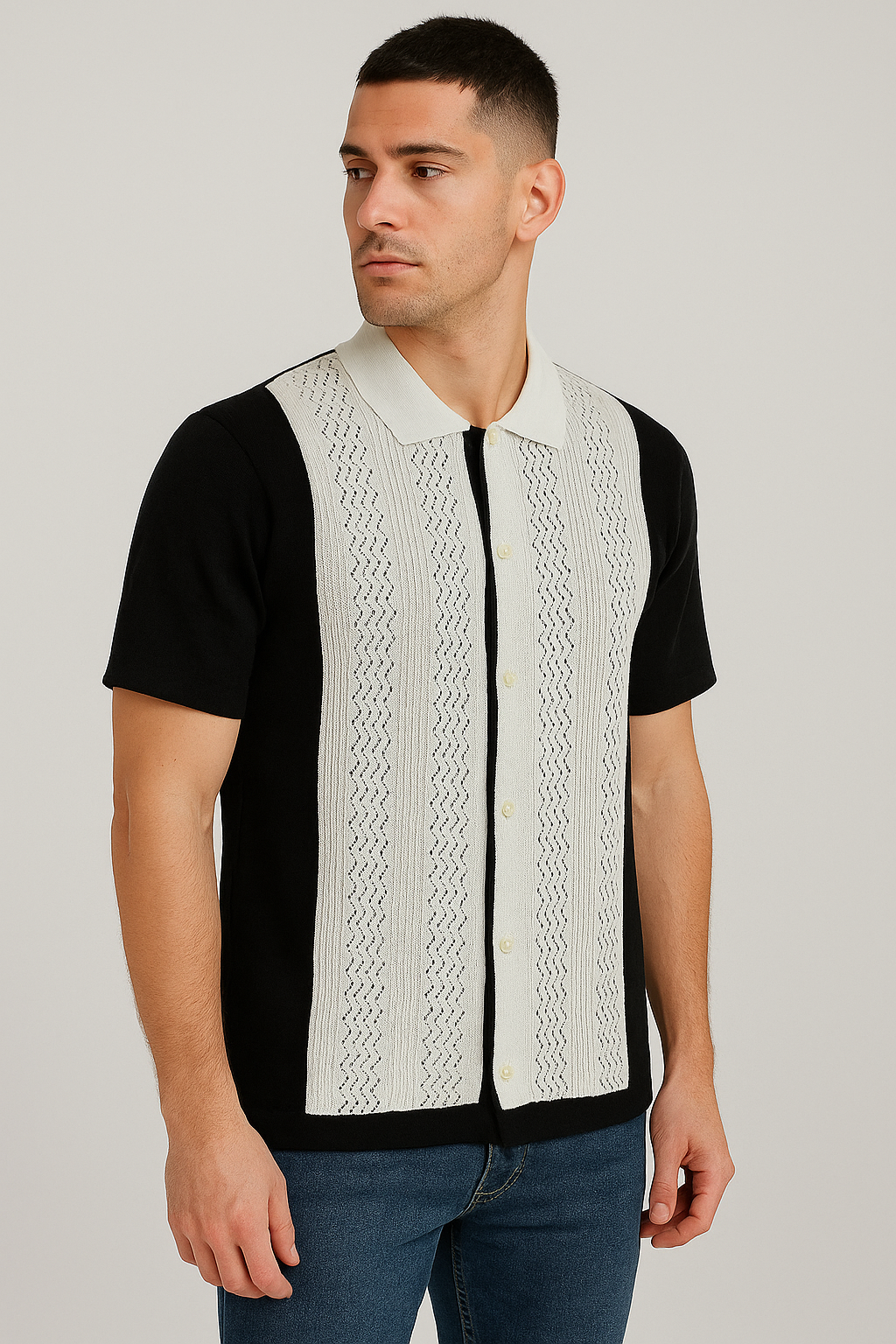 Men's Black & Ivory Textured Button-Down Polo Shirt