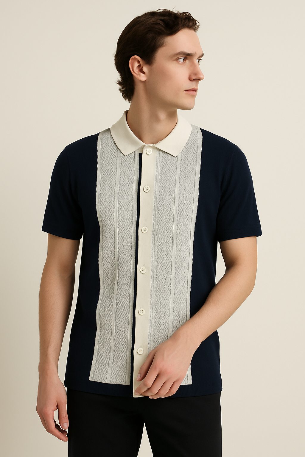 Men's Navy & White Textured Knit Polo Shirt