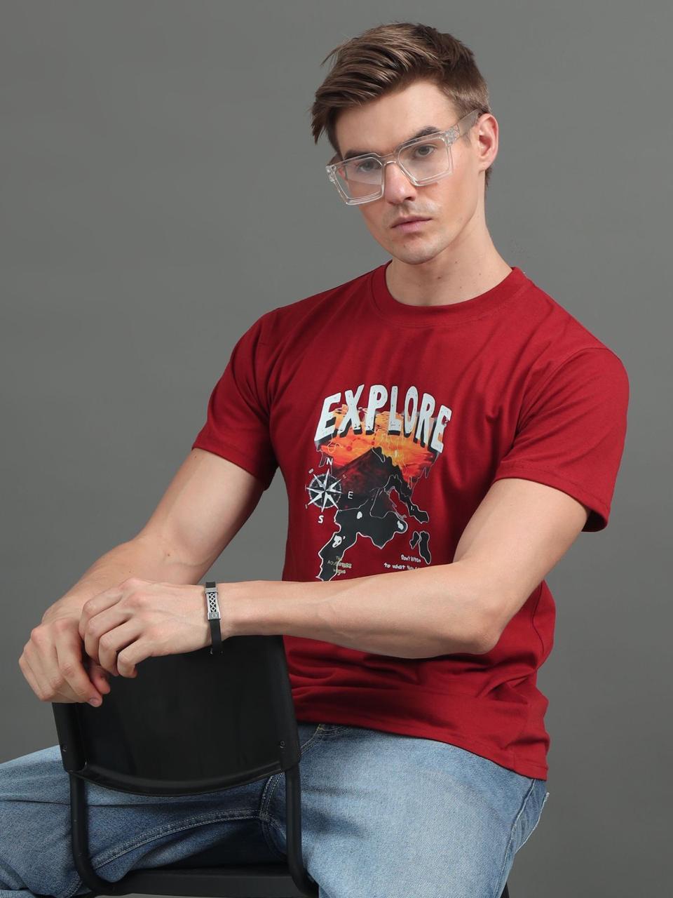 Explore Dark Red Printed Tee