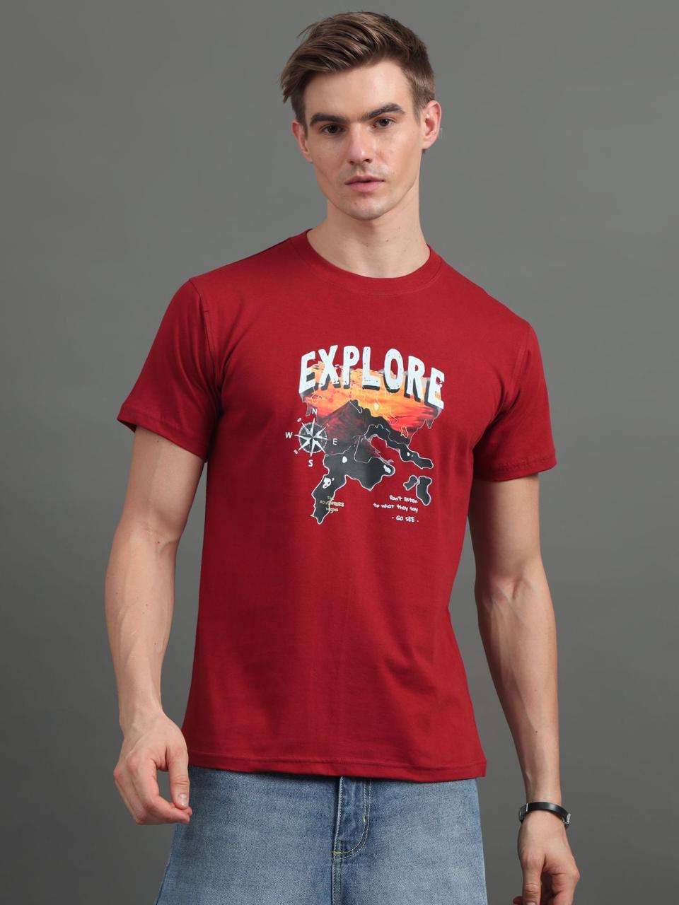 Explore Dark Red Printed Tee