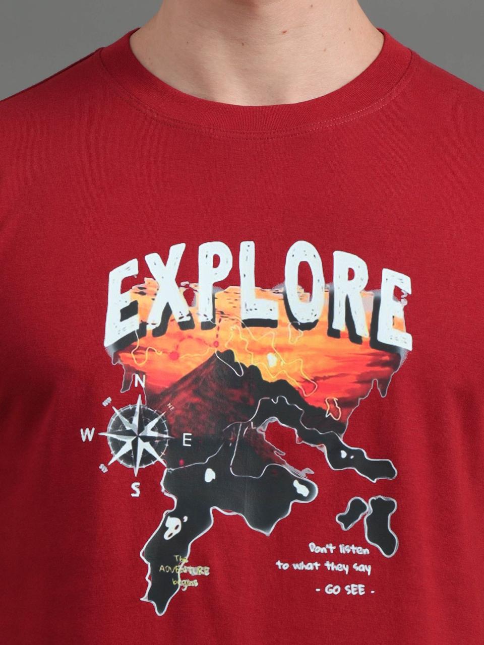 Explore Dark Red Printed Tee