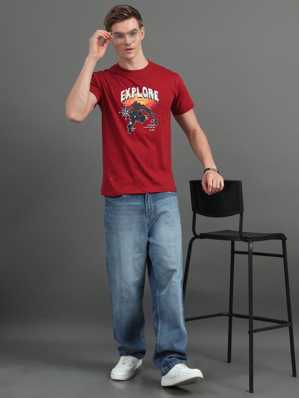 Explore Dark Red Printed Tee