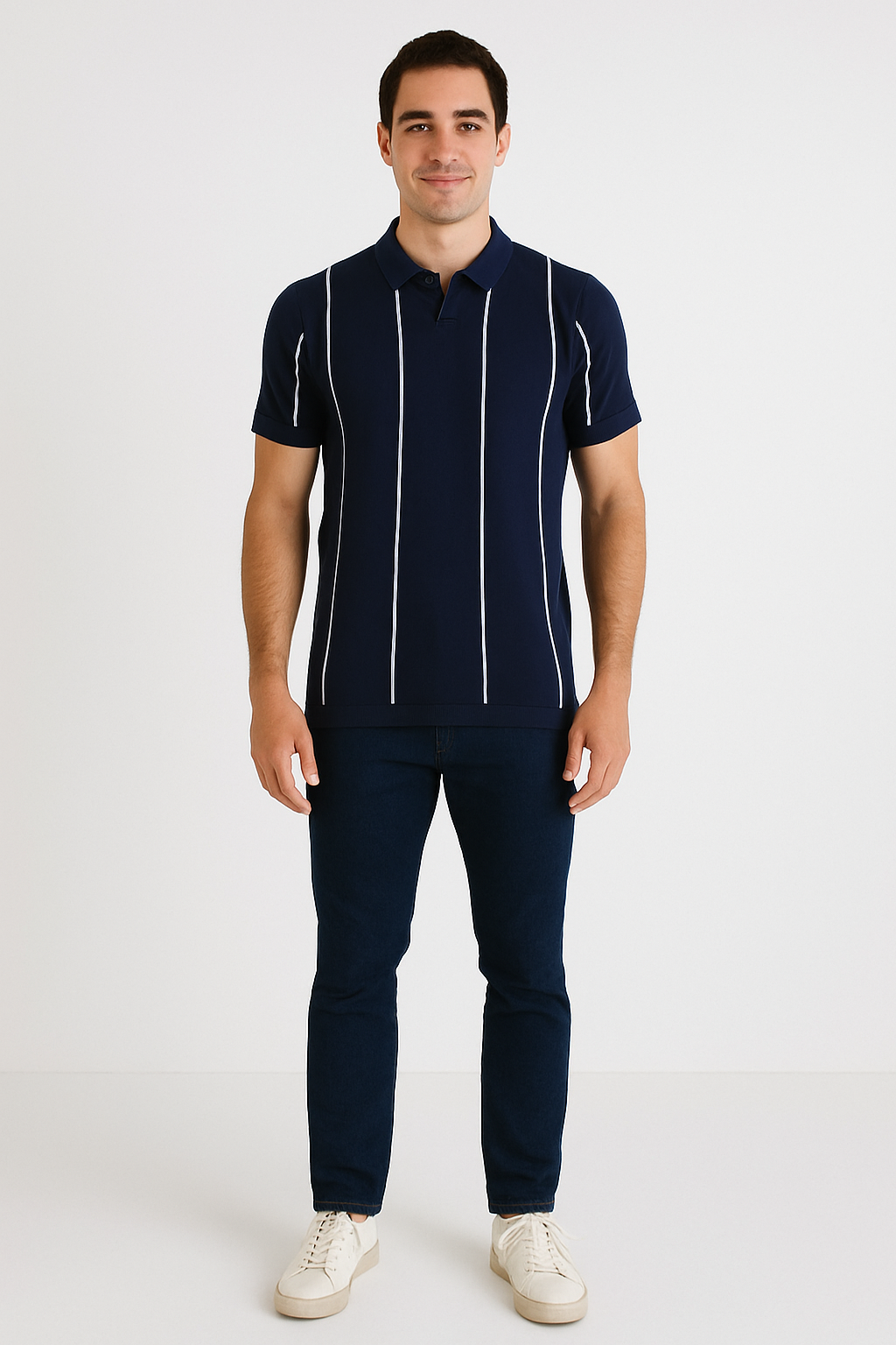 Men’s Navy Polo Shirt with Vertical White Stripes