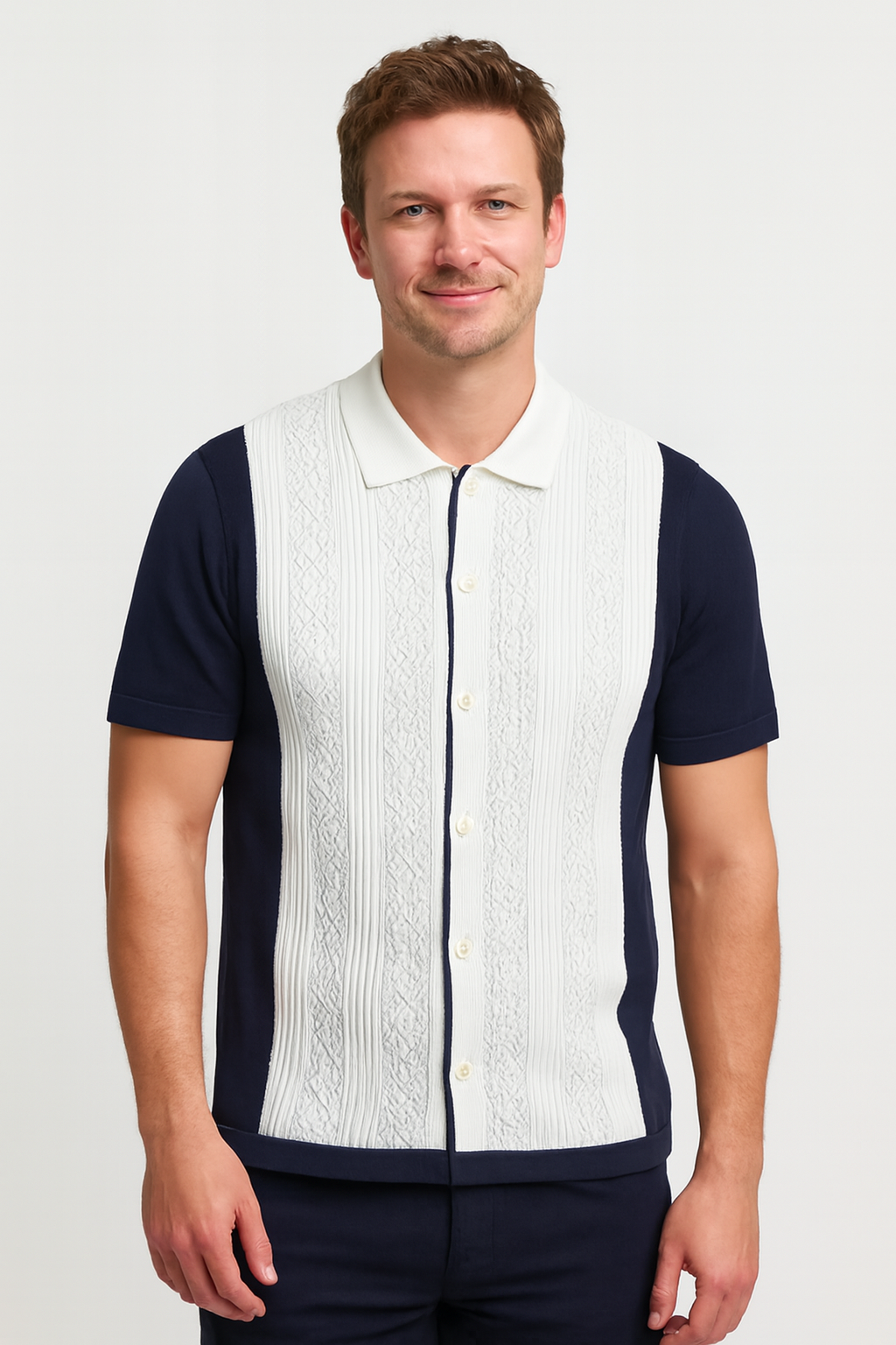 Men's Navy & White Textured Knit Polo Shirt