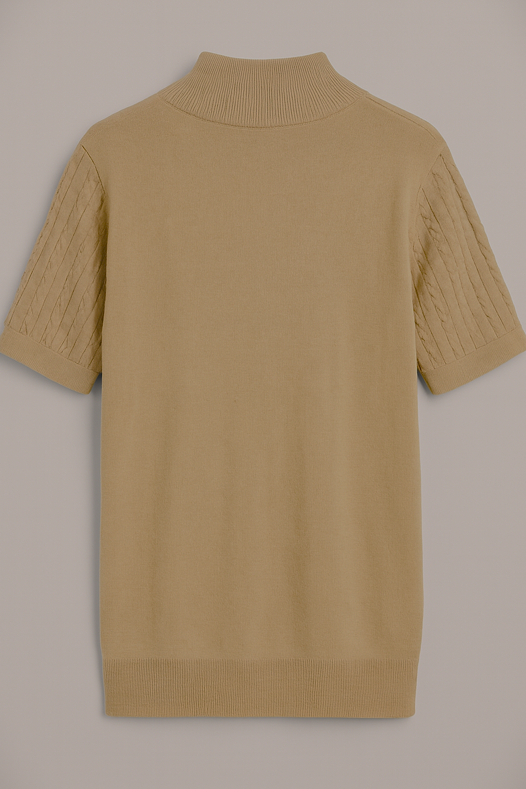 Men’s Camel Beige Cable Knit Half-Zip T-Shirt