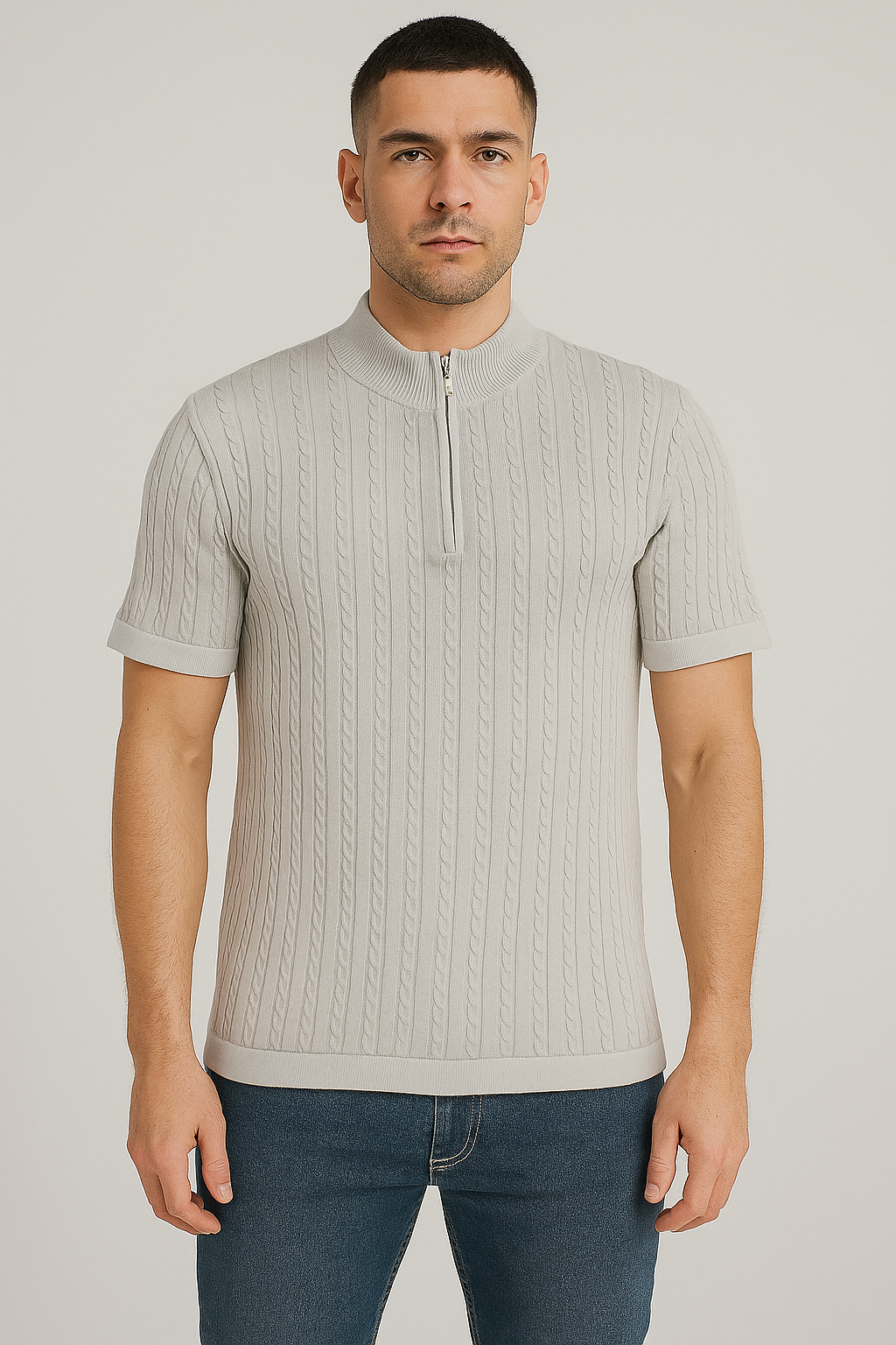 Men’s Light Grey Cable Knit Half-Zip T-Shirt