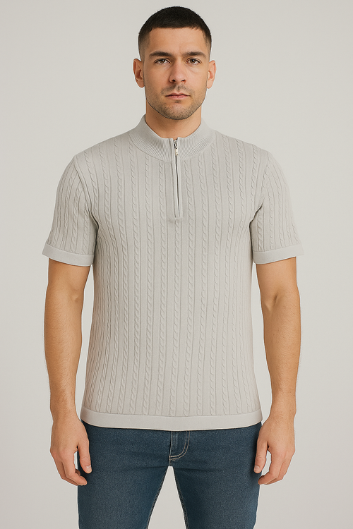 Men’s Light Grey Cable Knit Half-Zip T-Shirt