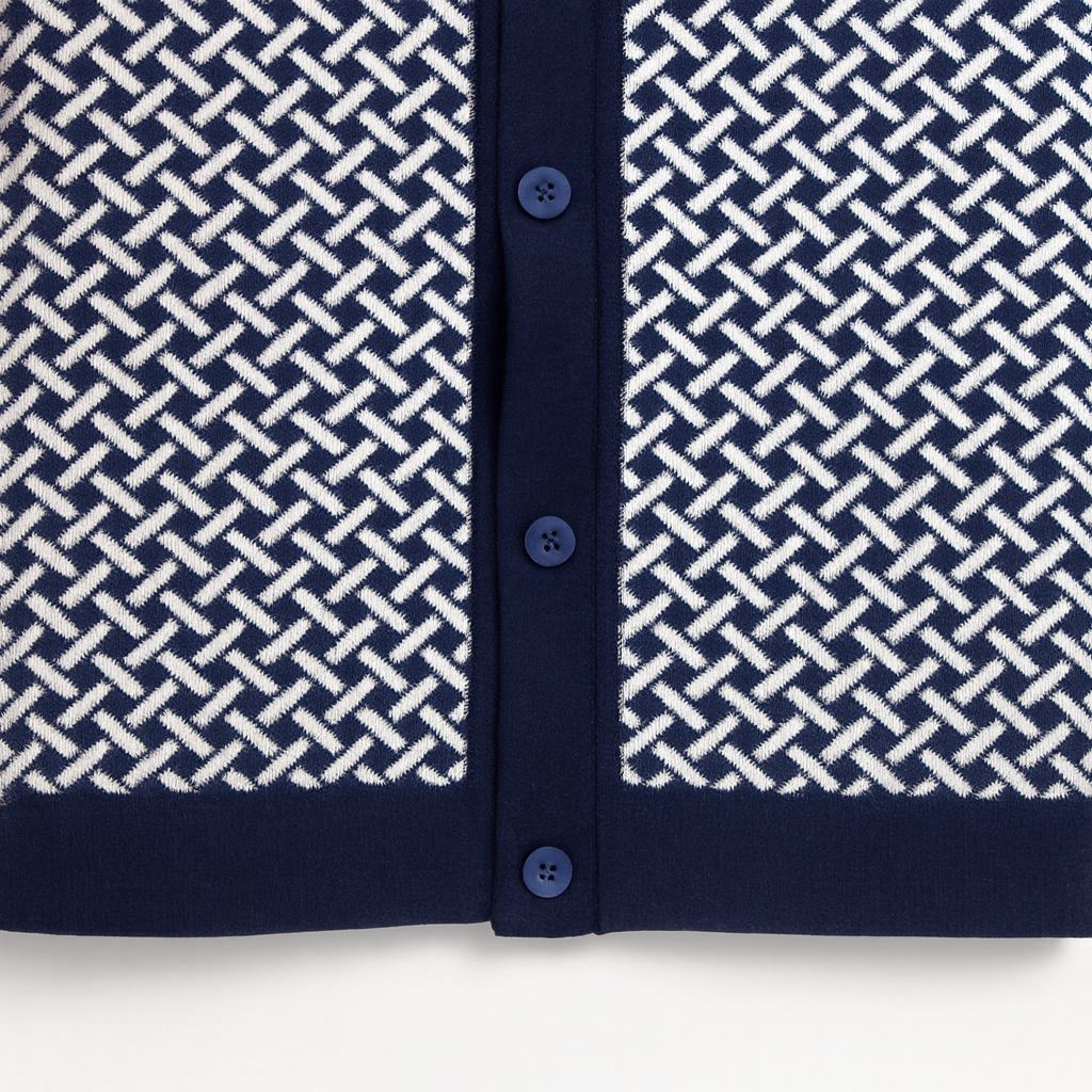 Men’s Navy Knit Polo with Geometric Weave Design
