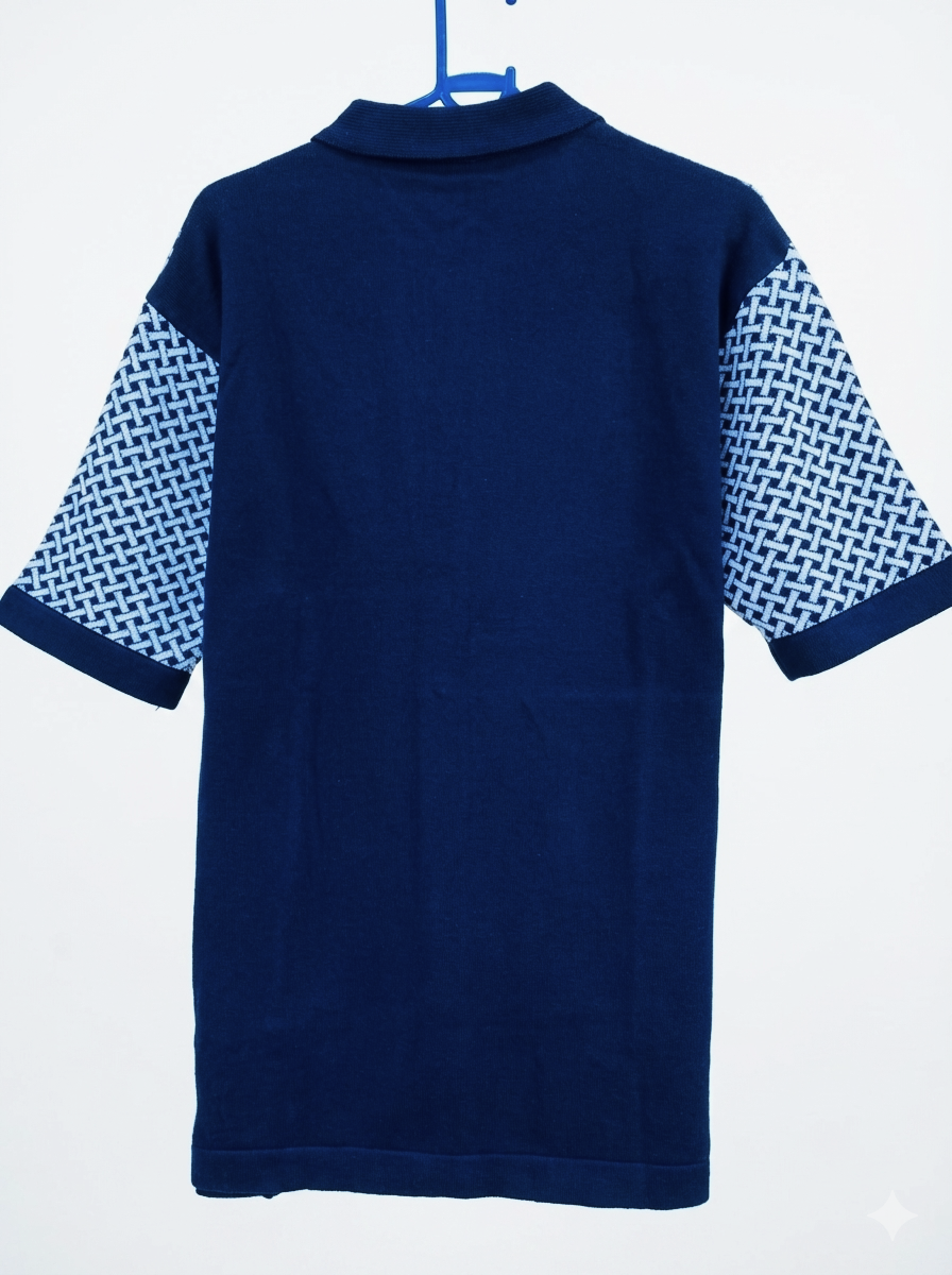 Men’s Navy Knit Polo with Geometric Weave Design