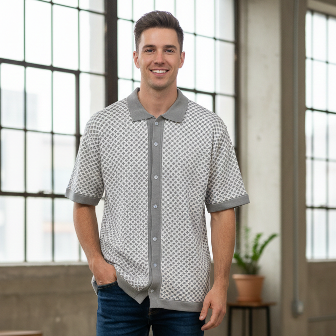 Men’s Pista Grey & White Geometric Knit Polo