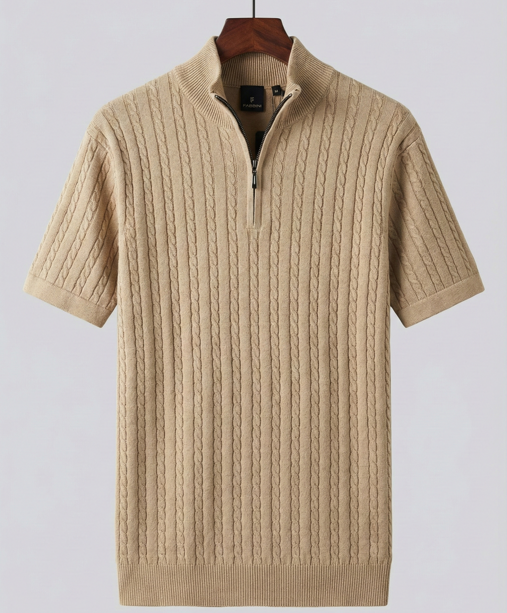 Men’s Camel Beige Cable Knit Half-Zip T-Shirt