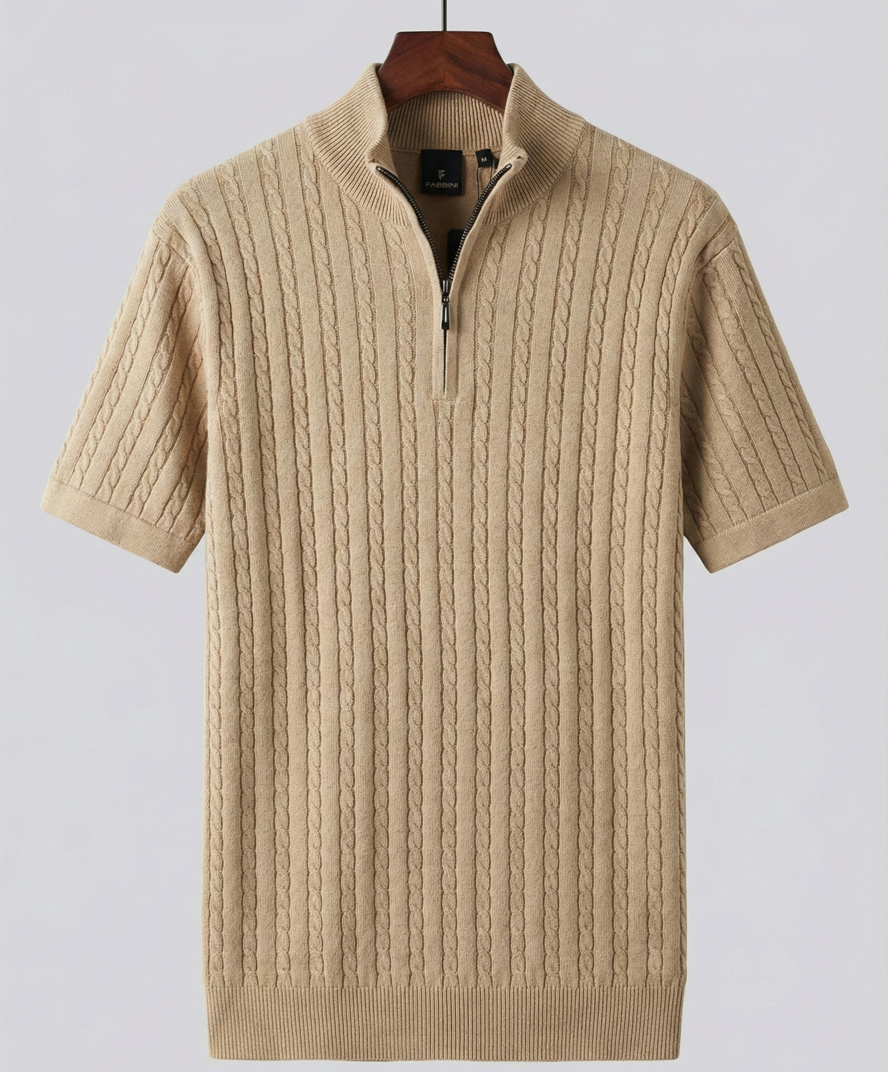 Men’s Camel Beige Cable Knit Half-Zip T-Shirt