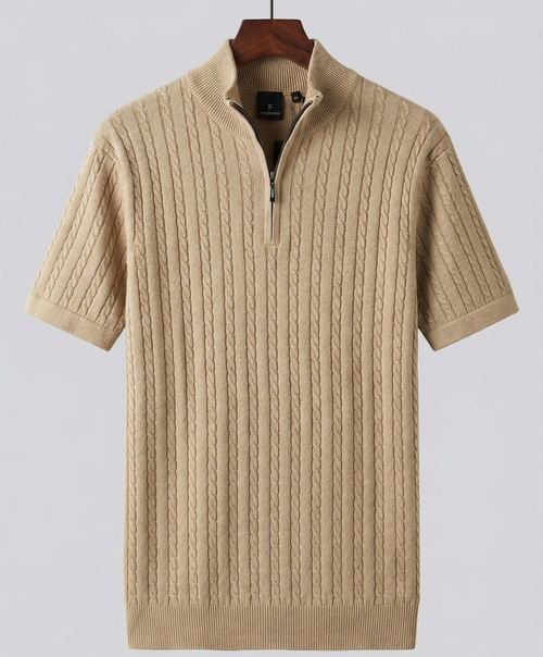 Men’s Camel Beige Cable Knit Half-Zip T-Shirt