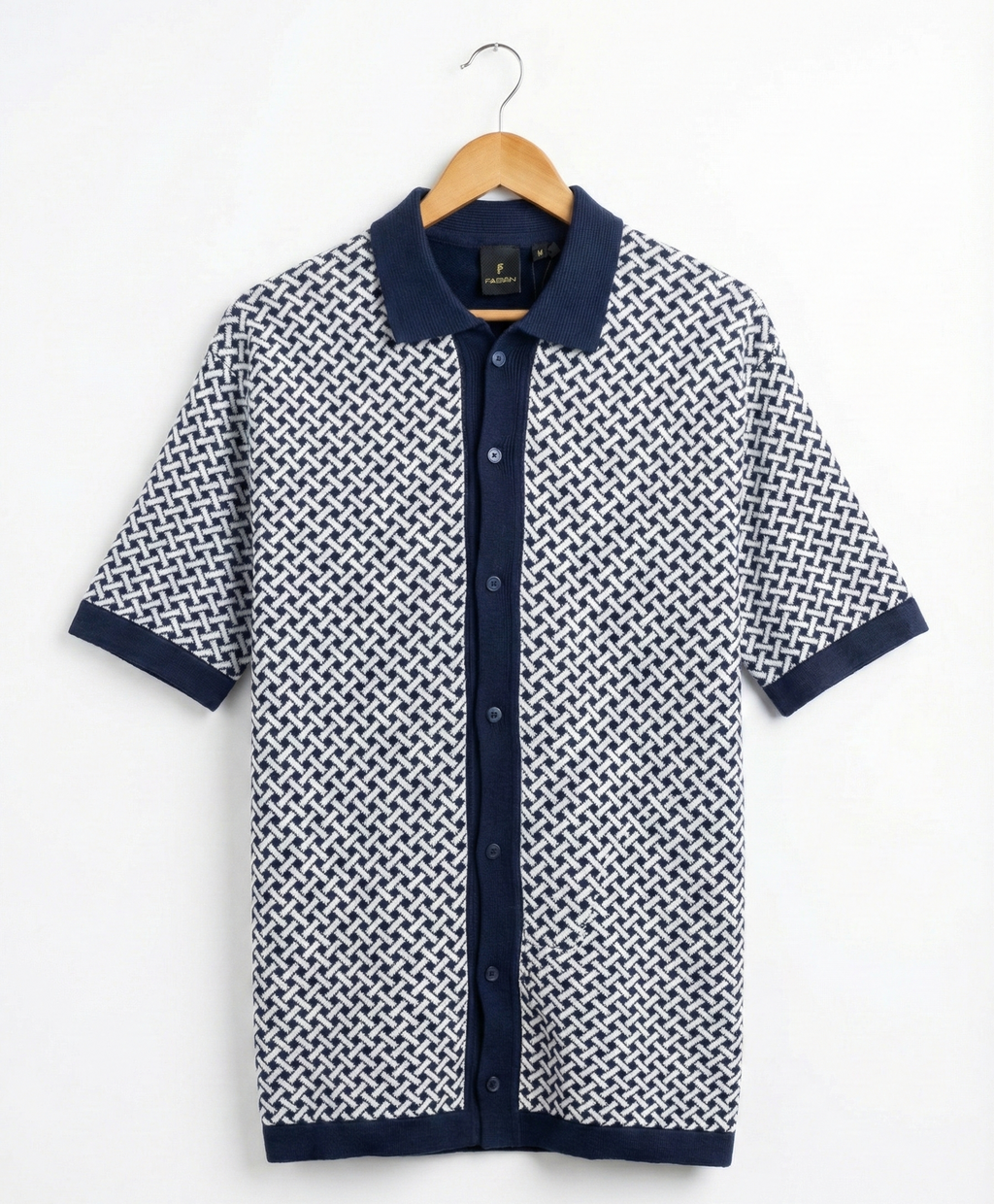 Men’s Navy Knit Polo with Geometric Weave Design