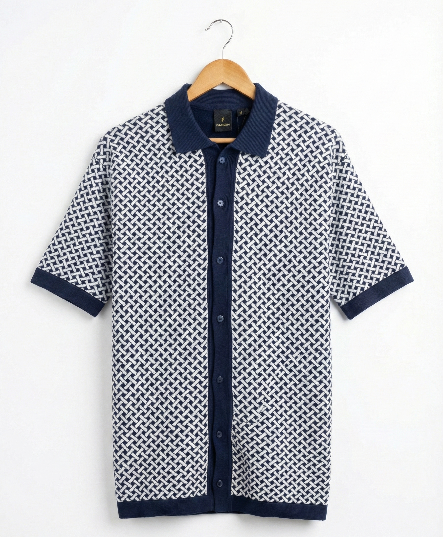 Men’s Navy Knit Polo with Geometric Weave Design