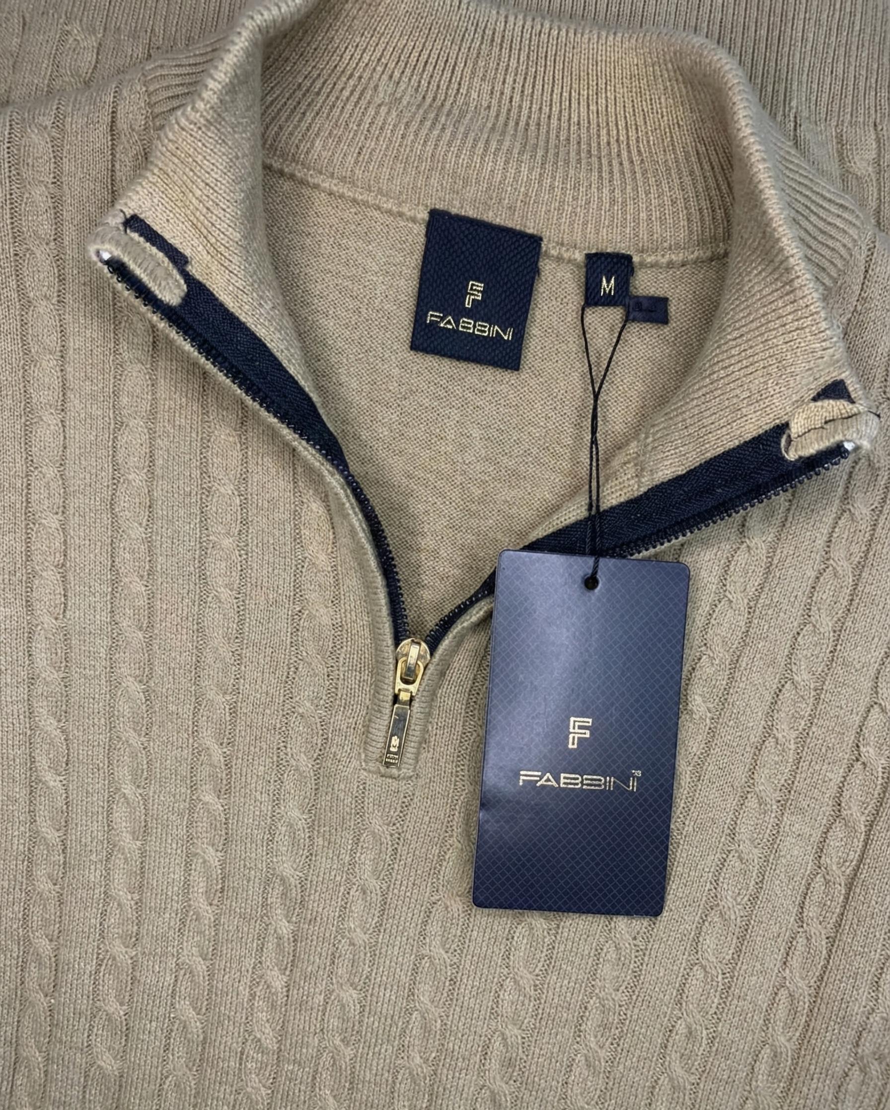 Men’s Camel Beige Cable Knit Half-Zip T-Shirt