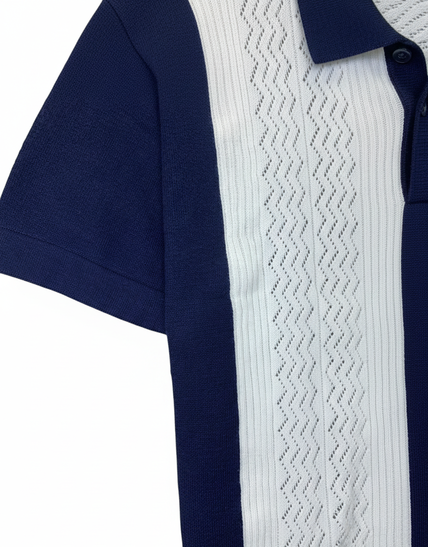 Men's Navy & White Textured Knit Polo Shirt