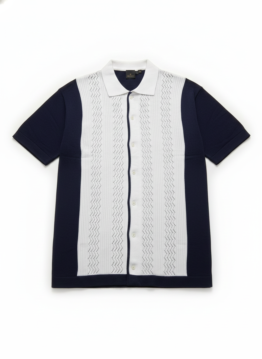 Men's Navy & White Textured Knit Polo Shirt
