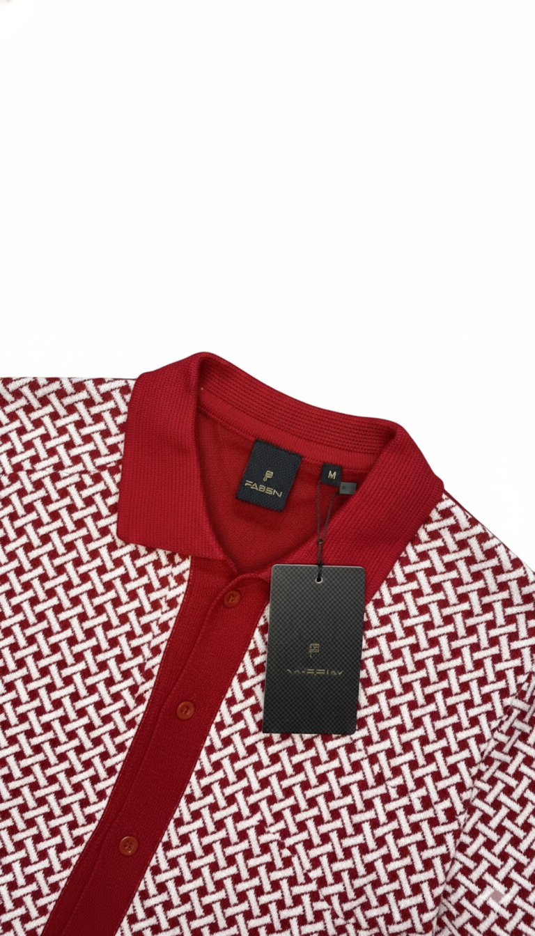 Men's Maroon Knit Polo with Geometric Pattern