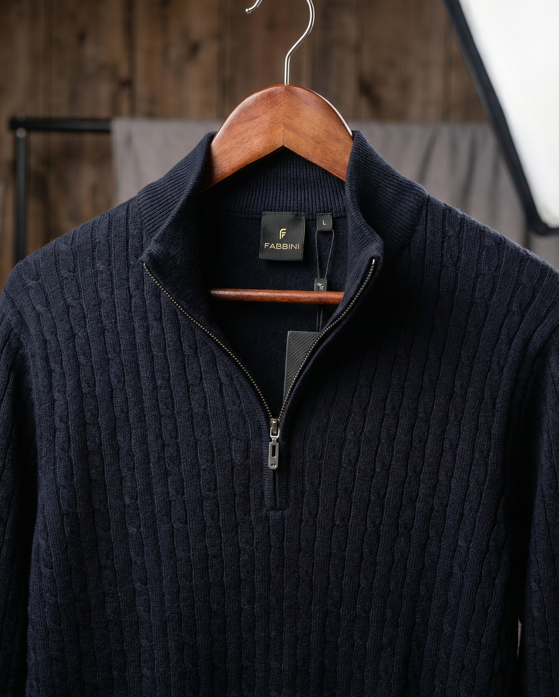 Men’s Black Cable Knit Zip-Neck T-Shirt