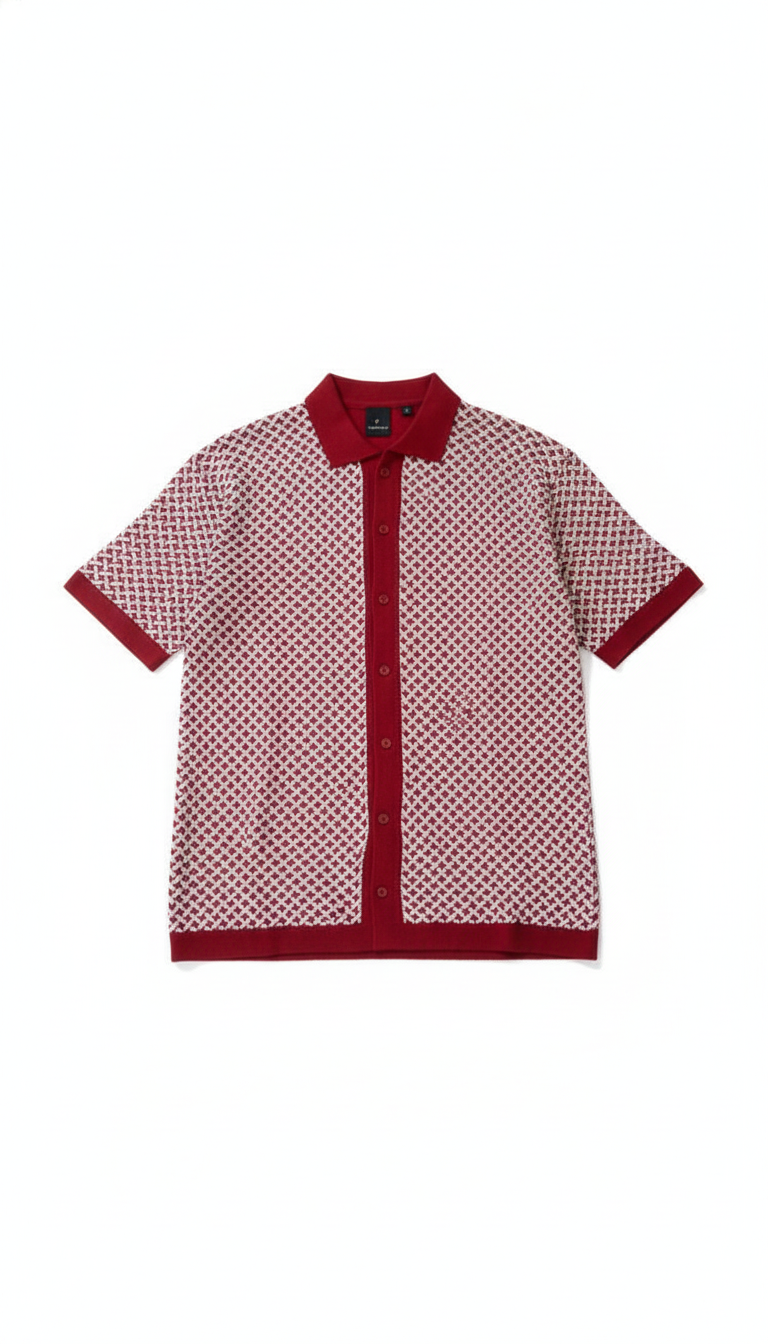 Men's Maroon Knit Polo with Geometric Pattern